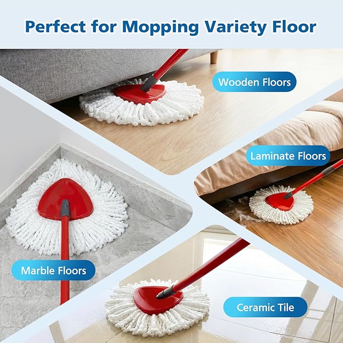 Spin Mop Replacement Head Spin Mop Refills Compatible with O Ceda EasyWring 1-Tank System, 2 Microfiber Spin Mop Head, 1 Triangle Mop Base Head and 4-Section Iron Mop Handle 30-58in for 1 Tank System