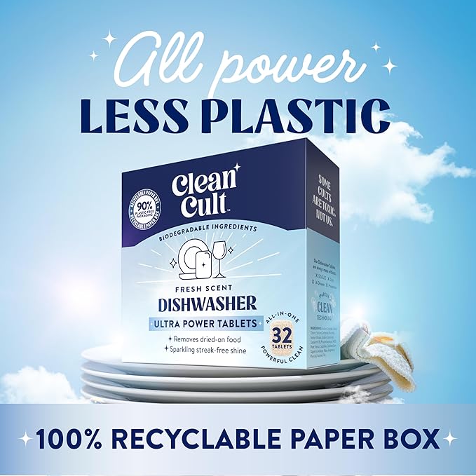 Cleancult Ultra Power Dishwasher Detergent Pods for Sparkling Streak-Free Shine, All-In-One, No Plastic Waste, 64 Count