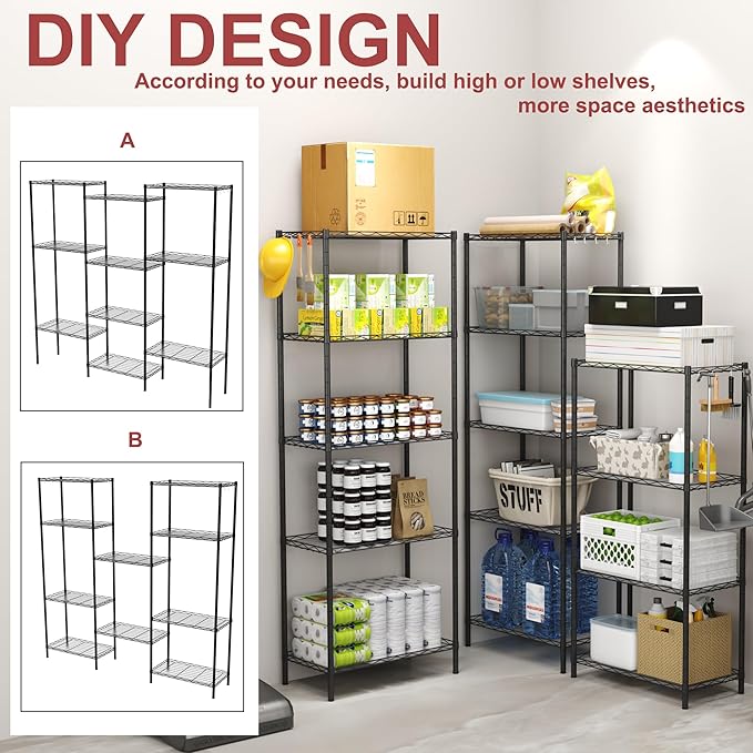 HOMEFORT 6-Shelving Unit, Adjustable Wire Shelving, Metal Wire Shelf Rack Organizer for Kitchen, Pantry, Closet, Bathroom, Laundry, Black,21" W x 11" D x 69" H