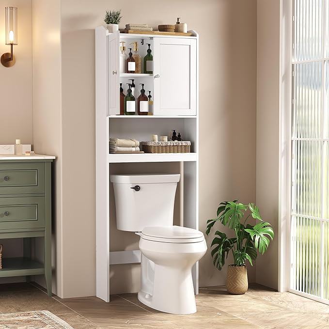 VASAGLE Over the Toilet Storage Cabinet, Bathroom Storage Cabinet with Doors, Adjustable Shelves, Space-Saving, Modern, 7.9 x 24.6 x 70 Inches, Cloud White UBTS008WH01S