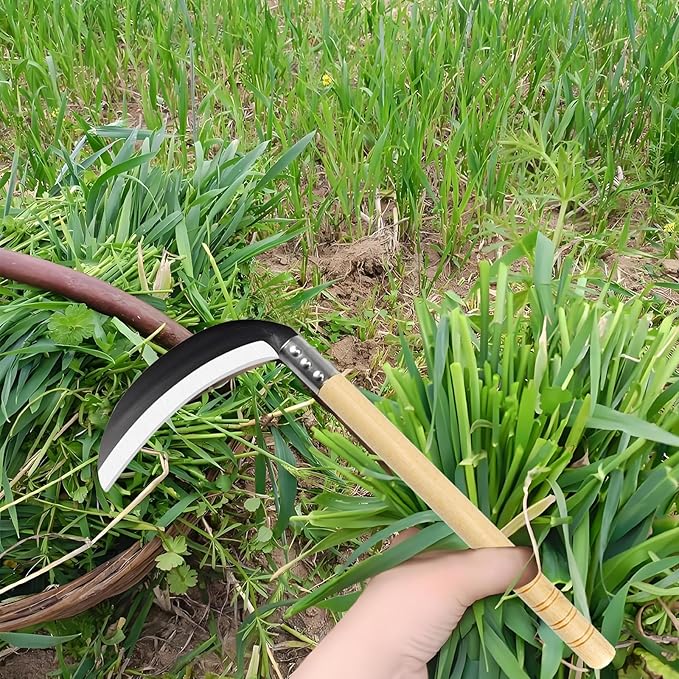 Carbon Steel Grass Sickle with Wood Handle, Gardening Weeding Weeder, Garden Hand Tool, Farming Weed Remover, Scythe Blade Cutter, Manual Mowing Blade Cutter, Thick Blade Quick Work
