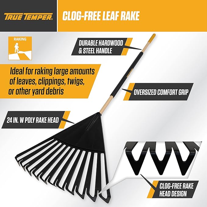 True Temper 20212010 Clog Free Leaf Rake with Hardwood/Steel Handle, 24 in. for Leaves, Grass, Clippings, Twigs, Pine Needles, Acorns, Debris, Black