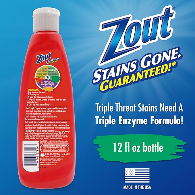 Zout Laundry Stain Remover, Triple Enzyme Formula for Blood, Tomato Sauce, & Oil Stains, Made in USA, 12 Ounce Squeeze Bottle with Flip Top Cap