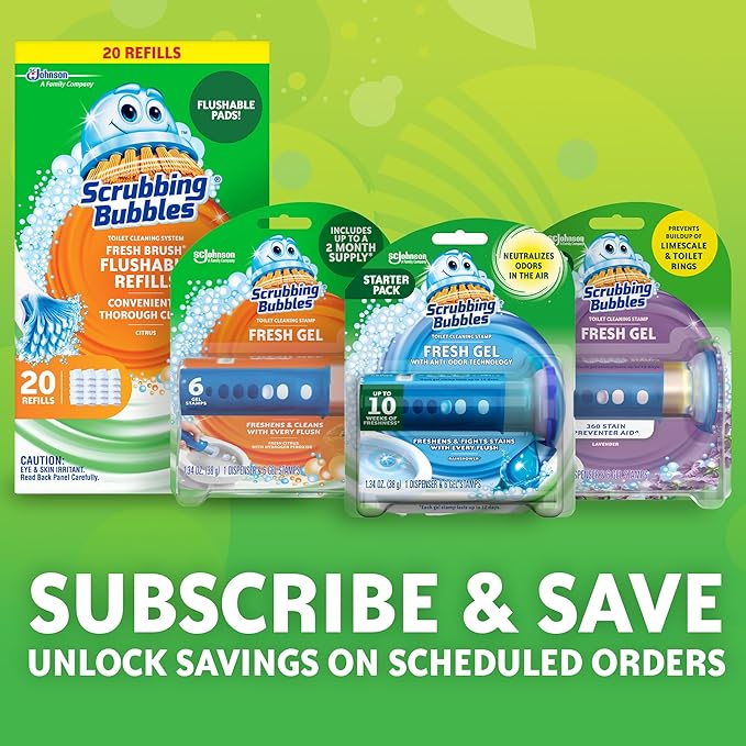 Scrubbing Bubbles Fresh Gel Toilet Bowl Cleaning Stamps, Helps Keep Toilet Clean and Helps Prevent Limescale & Rings, Rainshower Scent, 1 Dispenser with 24 Fresh Gel Stamps