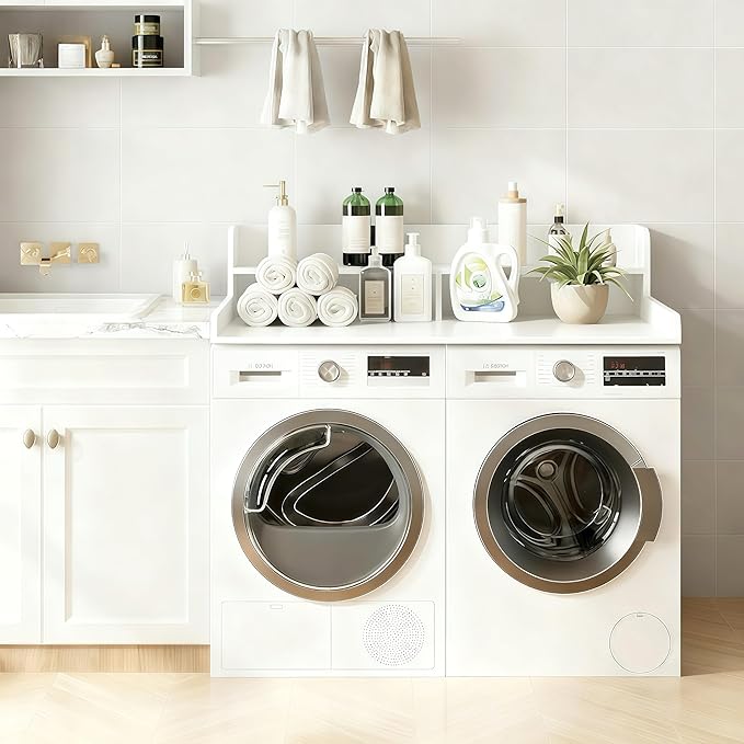 NAT Maya 2-Tier Washer and Dryer Countertop, 54" W x 27.6" D Laundry Room Organization,Washer Dryer Topper Storage for Folding Clothes Over Washer and Dryer-White