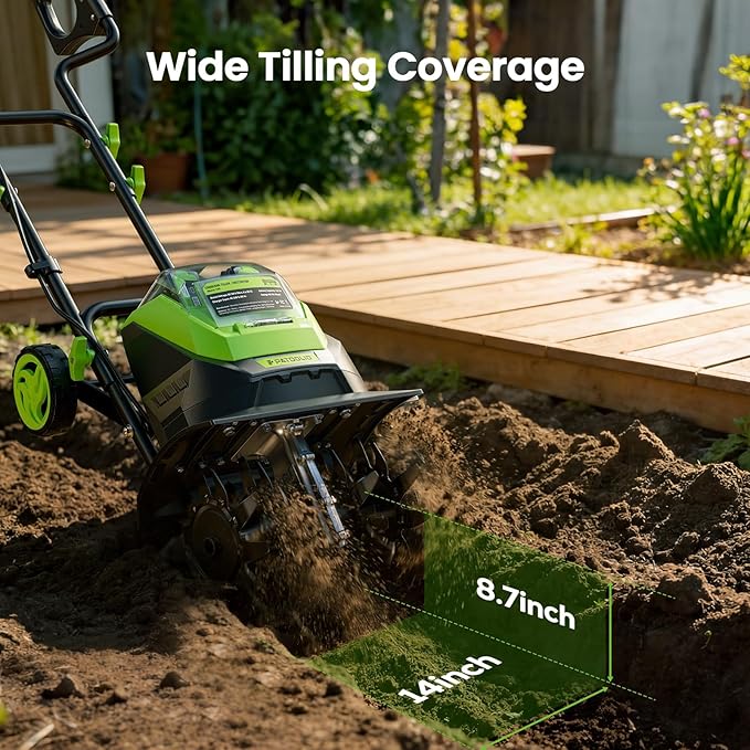 20V Battery Tiller for Gardening, Cordless Electric Tiller Cultivator with 2×4.0Ah Batteries, 14" Tilling Width, 8.7" Depth, 48 Steel Tines Rototiller for Soil Cultivation