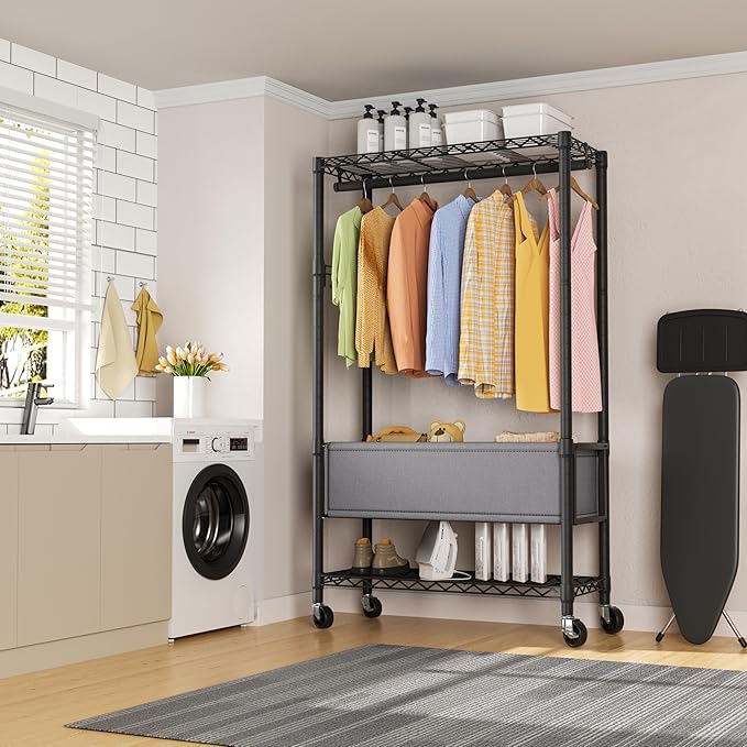 Heavy Duty Clothes Rack Rolling Garment Rack,3 Tier Adjustable Wire Shelving Clothing Racks for Hanging Clothes with Double Rods&Side Hooks,Freestanding Wardrobe Storage Rack Metal Portable Closet