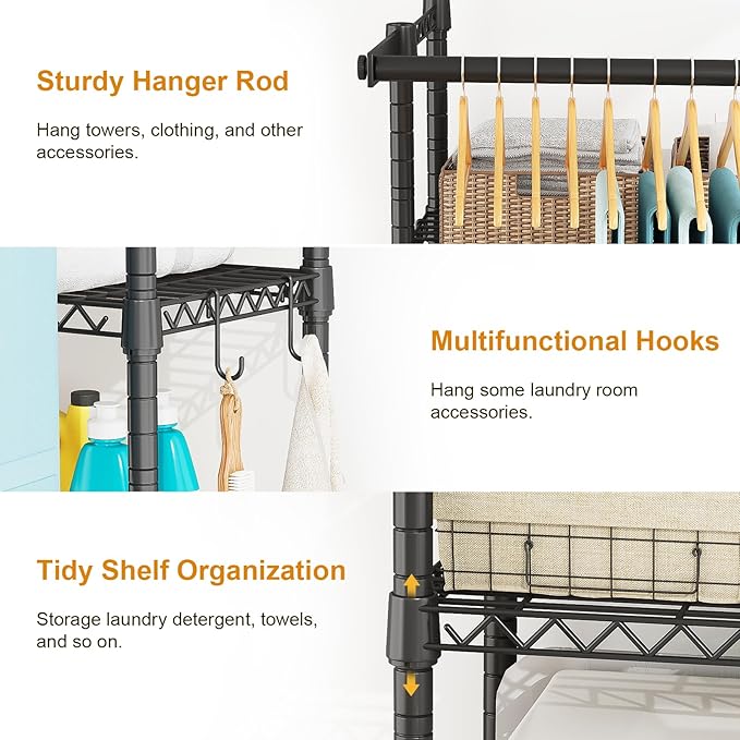ULIFHOME U14 Over Washer and Dryer Storage Shelves, 4 Tiers Laundry Room Storage and Organizer System, Space Saving Clothes Drying Rack with 2 Clothes Hanger Rods, 66.5" W x 20.5" D x 77.4" H, Black