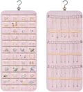 Dynoro Double-Sided Hanging Jewelry Organizer, Large Pink Storage Roll for Earrings, Necklaces, Rings, 48 Pockets 21 Hooks, Durable Oxford Fabric for Closet, Wall, Door, 1 piece, Jewelry Not Included