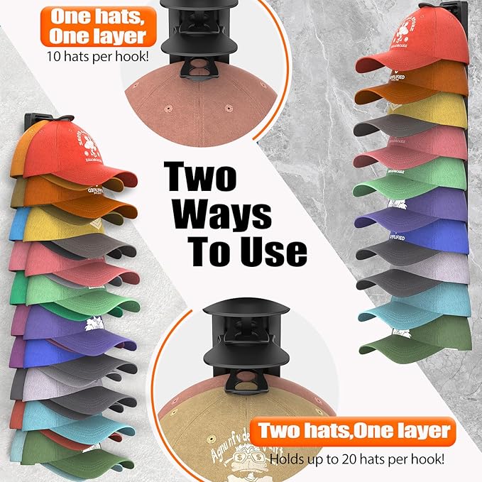 Hat Organizer for Baseball Caps Hold Up to 40 Hats, 2 Pack Hat Rack for Wall, Strong Adhesive Hat Storage Display Holder for Closet Door and Wall (Black)