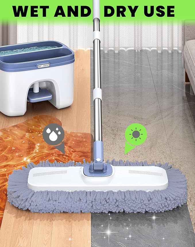 Flat Microfiber Mop and Bucket Set with Wringer, 360° Spin Mop for Floor & Wall Cleaning, 17.7x9in Wide Head, 4 Washable Pads, Hands-Free