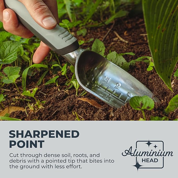 Woodland Tools Heavy Duty Garden Transplanter - Narrow Anodized Aluminum Hand Shovel with Depth Markings and Ergonomic Grip, Planting and Digging Tool for Soil, Flowers, Bulbs, and Raised Beds