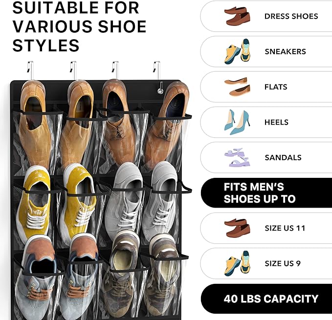 Simple Houseware 24 Pockets Large Clear Pockets Over The Door Hanging Shoe Organizer, Black (56" x 22.5")