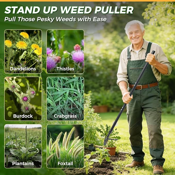 Weed Puller, Stand Up Weed Puller Tool with Steel Long Handle & 4-Claw Steel Head, 46" Adjustable Handle Weeder Tool, Easily Remove Weeds Root Without Bending, Pulling, or Kneeling