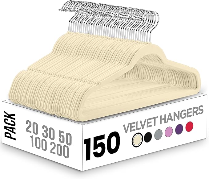 Utopia Home Velvet Hangers 150 Pack – Luxury Non-Slip Slim Pant & Coat Hangers, Strong Space-Saving Clothes Hangers with Pants Bar and 360° Swivel Hook – Ivory