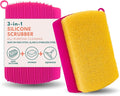3-in-1 Silicone Scrubber Sponge with Squeegee – Non-Scratch Kitchen Sponge for Dishes, Sink & Bathroom, Quick-Dry, Reusable Cleaning Tool (Pink+Yellow)