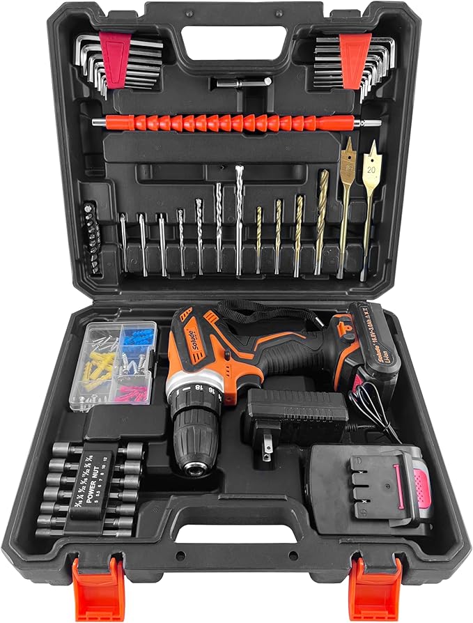 SOLUDE 16.8V Max Cordless Drill Driver Kit,Electric Power Drill Set with 2 Pack 3000mAh Li-ion Battery,3/8 Inch Keyless Chuck,Variable Speed,18+1 Position and 55pcs Drill/Driver Bits