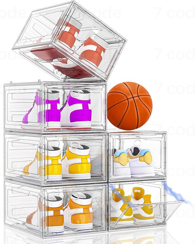 Thickened Clear Shoe Storage Organizer with Magnetic Door, Sturdy Stackable Shoe Boxes for Closet, Collapsible Space-Saving Shoe Rack for Sneakers & Boots, Plastic Shoe Cabinet Box Set, 6 Pack, White
