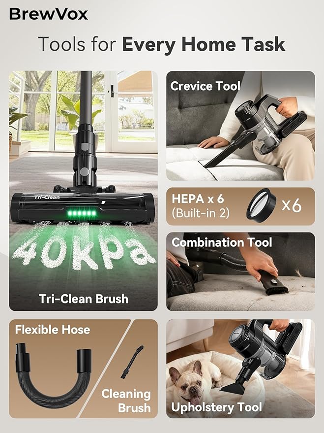 BrewVox Telescopic Cordless Stick Vacuum Cleaner for Home & Pet Hair, 25W Motorized Tri-Clean Brush, 40kPa Powerful Suction, 450W Motor, 65 Min Runtime, 2.5H Quick Rechargeable for Carpets, All Floors