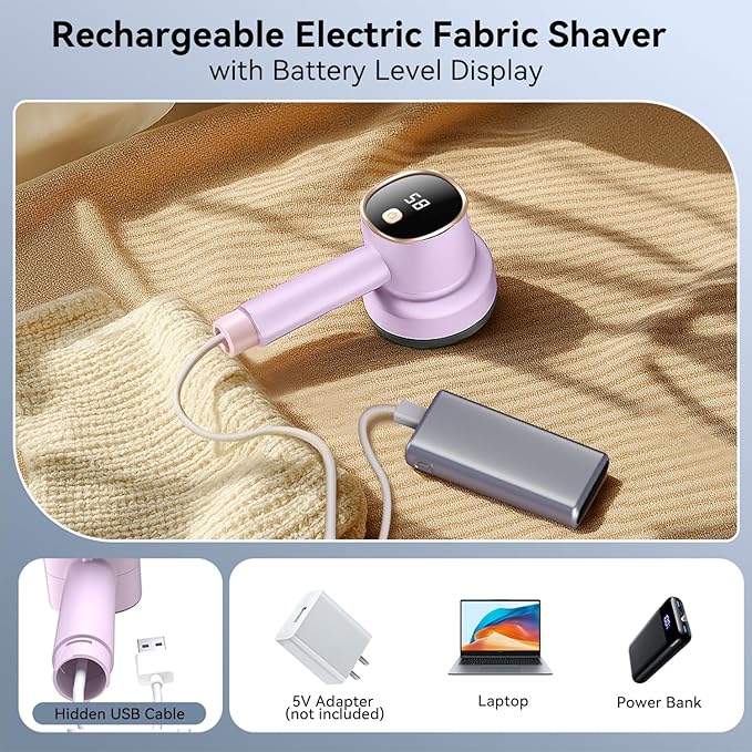 Rechargeable Fabric Shaver for Clothes: 6-Leaf Blades & 3 Speeds to Remove Pilling, Fuzz & Lint Balls - with LED Display, Portable Electric Lint Remover for Sweater, Couch, Blanket, Furniture