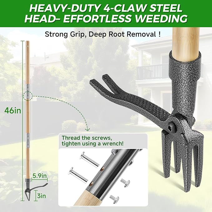 Weed Puller Tool, Stand Up Heavy Duty Root Removal Tool with 4-Claw Head & Long Handle, Garden Hand Weeding Tool - Easily Remove Weeds Without Bending, Pulling,or Kneeling