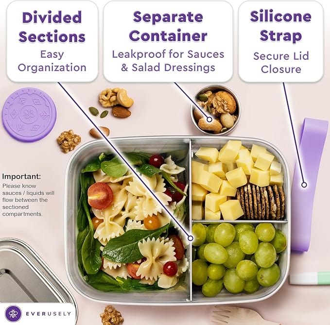 Everusely - Bento Box - Lavender, 60oz / 1.8 L - Extra Large Stainless Steel Lunch Box + Leakproof Condiment Container - 3 Compartment Snack Organizer for On the Go Meals - Freezer & Dishwasher Safe