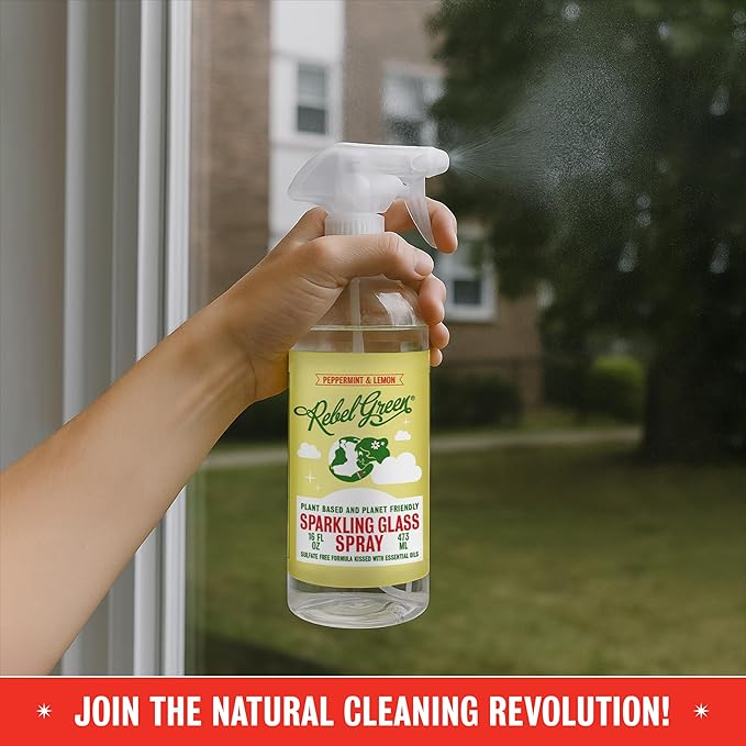 Rebel Green Sparkling Glass Spray - Streak-Free Natural Glass Cleaner for Windows, Mirrors, and Surfaces - Peppermint & Lemon Scent - 16 oz - 2 Pack