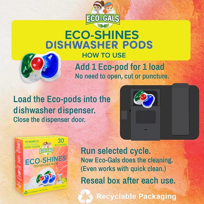 Eco-Gals Eco-Shines Dishwasher Detergent Pods With 3 in 1 Power of Liquid, Powder, and Gel for Brighter Cleaner Dishes