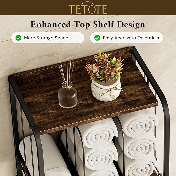 TETOTE 4-Tier Towel Rack, M-Shaped Detachable Dividers Towel Shelf with Hooks for Bathroom, Free Standing Pool Towel Holder Space-Saving Organizer, Rustic