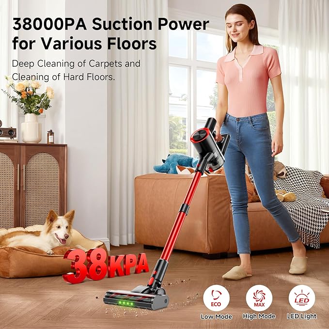 Clinkal Cordless Stick Vacuum Cleaner, 38Kpa Powerful Suction Vacuum Cleaner with LED Headlight, Detachable Battery, 8-in-1 Lightweight Handheld Vacuums for Pet Hair Carpet and Hardwood Floor, Red