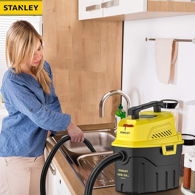 STANLEY 3 Gallon Wet Dry Vacuum, 3 Peak HP Poly 2 in 1 Shop Vac with Powerful Suction, Portable Shop Vacuum Car Vacuum W/ 3 Horsepower Motor for Auto Detailing, Tight Space Garage,Van,Vehicle