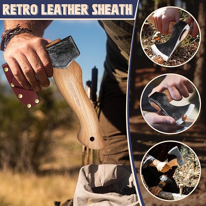 DRAGON RIOT 8.5 inch Camping Axes and Hatchets, Bushcraft Axe for Wood Splitting and Kindling, Hand Forged Carbon Steel Hatchets Axe, Ash Wood Handle, Retro Sheath with Gift Box