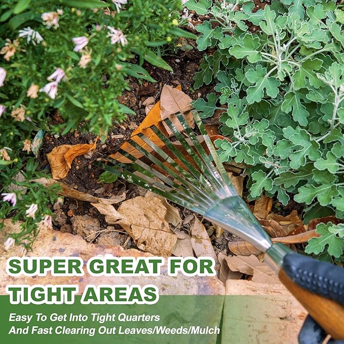 Haliaeetus Garden Hand Rake, 14.6'' Small Rake for Tight Areas, 9 Tines Stainless Steel Garden Rake with Ergonomic Wood Handle for Clearing Leaves and Loose Debris in Flower Bed and Around Plants