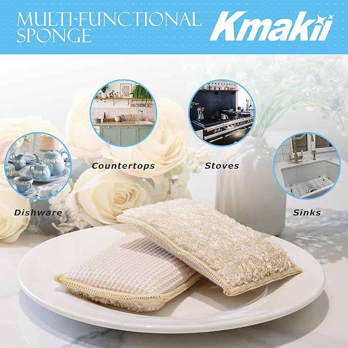 KMAKII Bamboo Kitchen Sponges Dish Sponges Natural Cleaning Sponges Beige 6 Pack