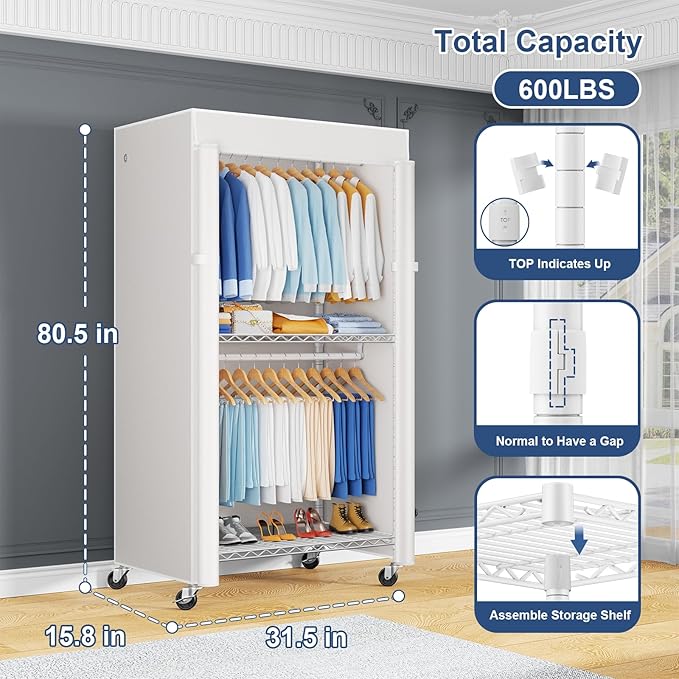ULIFHOME P8C Heavy Duty Clothes Rack（With Extended Width Design） Rolling Clothing Racks for Hanging Clothes with Lockable Wheels，31.5" W x 15.8" D x 80.5" H，Max Load 600LBS，White Rack with White Cover