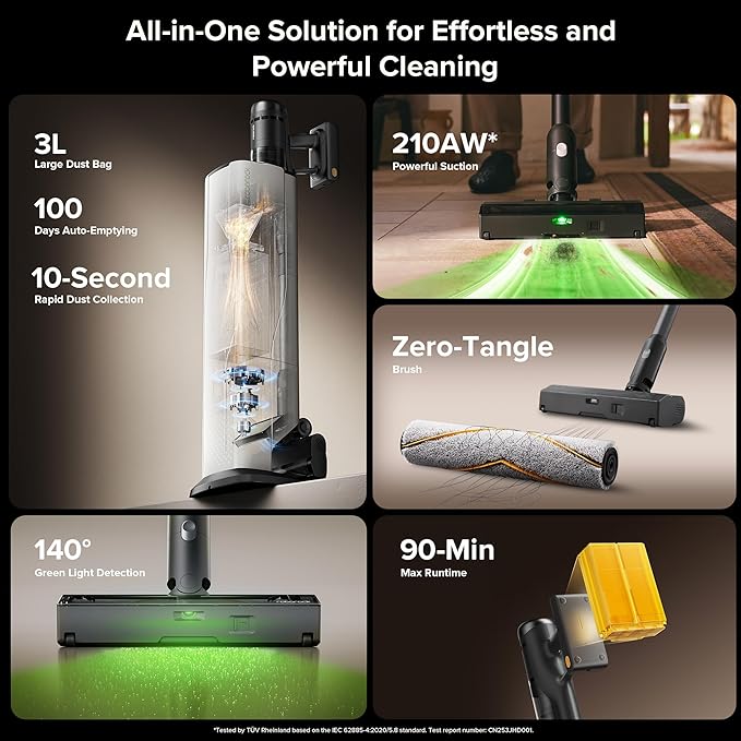 roborock H60 Hub Ultra Cordless Vacuum Cleaner with Auto-Empty Dock, 210AW Suction Stick Vacuum Cleaners for Home and Pet Hair, Rechargeable, 90-Min Runtime, Anti-Tangle Brush, 140° LED Dust Detection