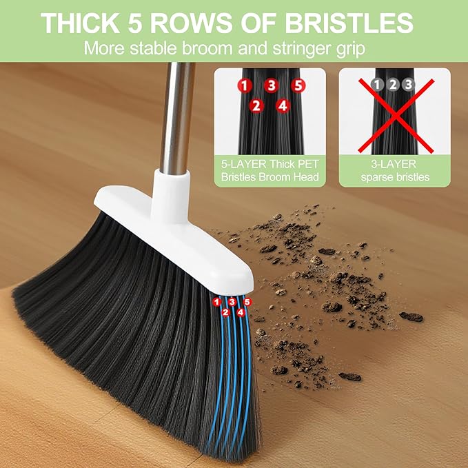 Broom with Dustpan Combo Set for Home 54-in Long Adjustable Handle Angle Broom and Dustpan Set with Dustpan Comb Teeth for Sweeping Pet Hair Food Dirt Kitchen