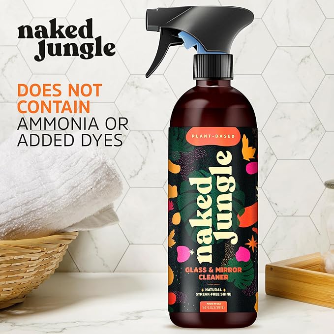 Naked Jungle Premium Plant-Based Glass Cleaner and Mirror Cleaner Spray for Streak-free Shine, Multi Purpose Car Window Cleaner, Eye Glasses Cleaner, Shower Glass Cleaner, 24 oz
