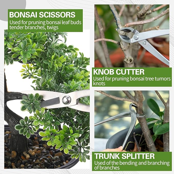 Nuogo 6 Piece Bonsai Tool Set with Roll Bag 8 Inch Heavy Duty Gardening Pruning and Care Kit Concave Knob Wire Cutter Trunk Splitter Jin Pliers Scissors