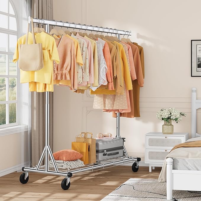 Gewudraw Heavy Duty Clothes Rack Load 630 lbs, Metal Rolling Clothing Rack With Sturdy Wheel And Shelves, Adjustable Portable Hanging Garment Rack For Clothes,Chrome Stainless Steel