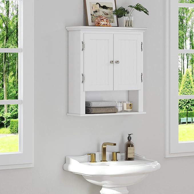 UTEX Bathroom Wall Cabinet, Bathroom Medicine Cabinet with Adjustable Shelves and Doors, Space Saving Wall Storage Cabinet, White