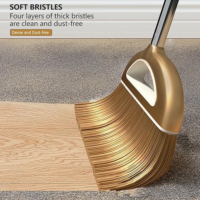 Broom and Dustpan Set with Long Handle - Dust Broom and Dustpan Combo, Lightweight Robust Kitchen Brooms Dustpans, Ergonomic Duster Tool Cleaning Gadgets, for Home, Kitchen, Offices, Pet Hair, Gold
