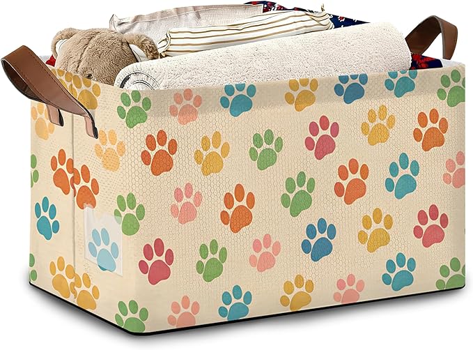 Colorful Cat Dog Paws Collapsible Storage Box,Organizer Bin with Handles for Room Decoration,Bins Book Basket Box 17x11.5x10Inch