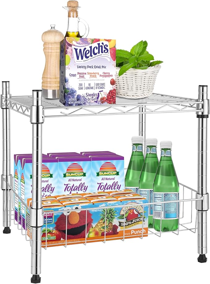 HealSmart 2-Tier Shelving Unit, 15" W x 13.8" D x 15" H Wire Metal Stackable Storage with Basket, Chrome