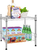 HealSmart 2-Tier Shelving Unit, 15" W x 13.8" D x 15" H Wire Metal Stackable Storage with Basket, Chrome