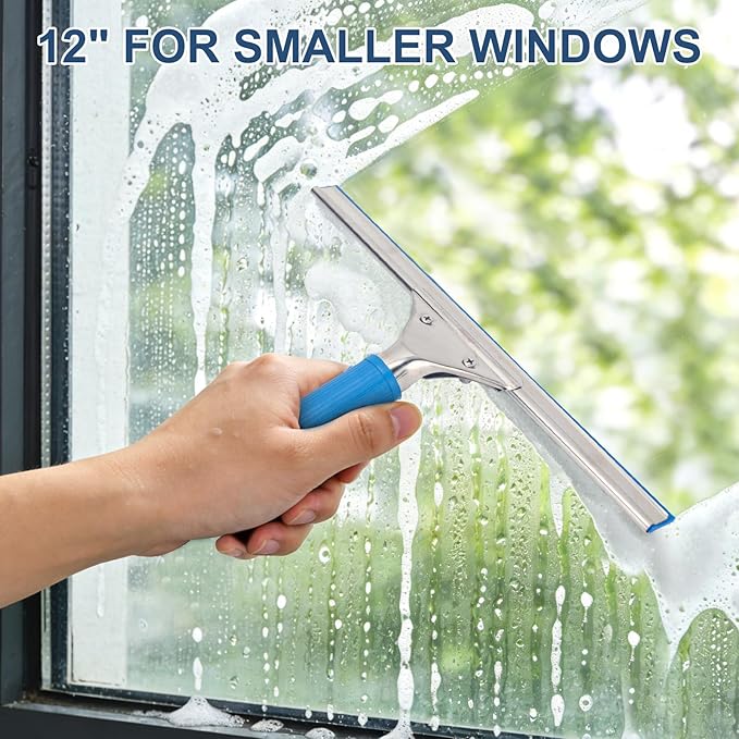 Professional Squeegee for Window Cleaning, 18” Stainless Steel Window Squeegee for Shower Glass Door, Includes 12” Replacement Rubber Blades