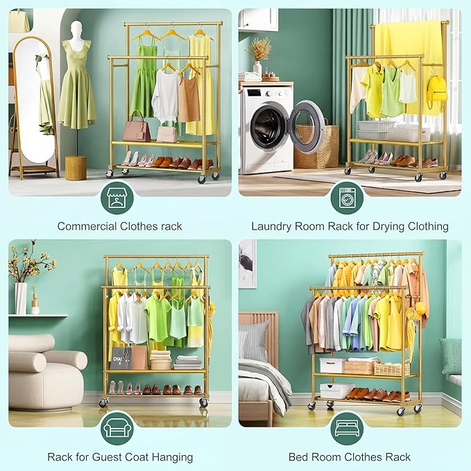Double Rods Clothes Rack for Hanging Clothes, Heavy Duty Rolling Clothing Rack with Wheels, Freestanding Garment Racks with Oxford Bottom Shelf and Mesh Bottom Shelf for Bedroom Laundry (Gold)
