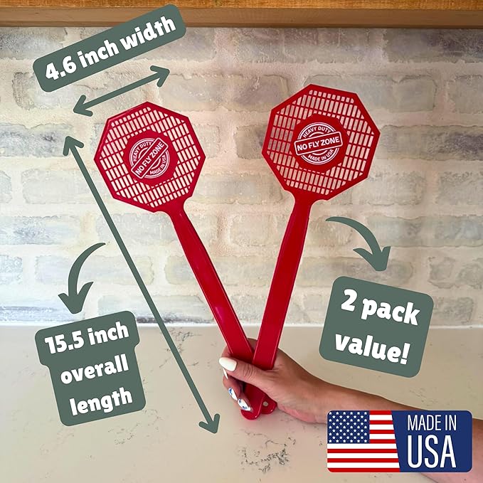 Made in USA Fly Swatter - 2 Pack – Heavy Duty Plastic Flyswatters for Indoor & Outdoor Use