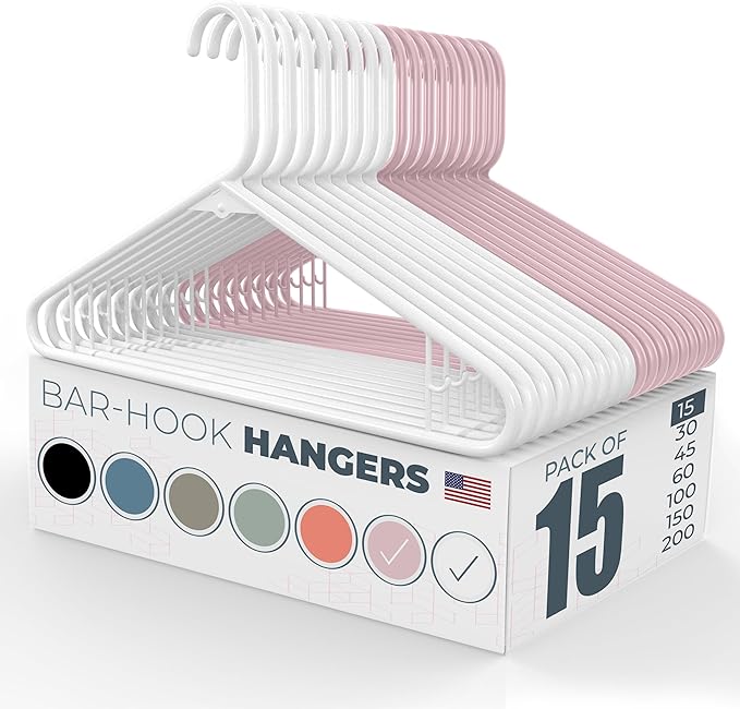 Neaties Plastic Hangers 15 Pack - Made in the USA - 6lb Capacity Standard Clothes Hangers with Strap Hooks for Dresses, Lingerie, Shirts, Pants, and Jackets - White & Pink