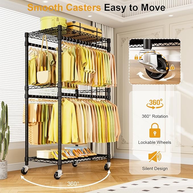 ULIFHOME P4 Rolling Clothes Rack Heavy Duty, Clothing Racks for Hanging Clothes, Freestanding Garment Racks with Wheels, Metal Portable Closet Rack 35.5''W × 20.5''D × 80.5''H, Max Load 560Lbs, Black